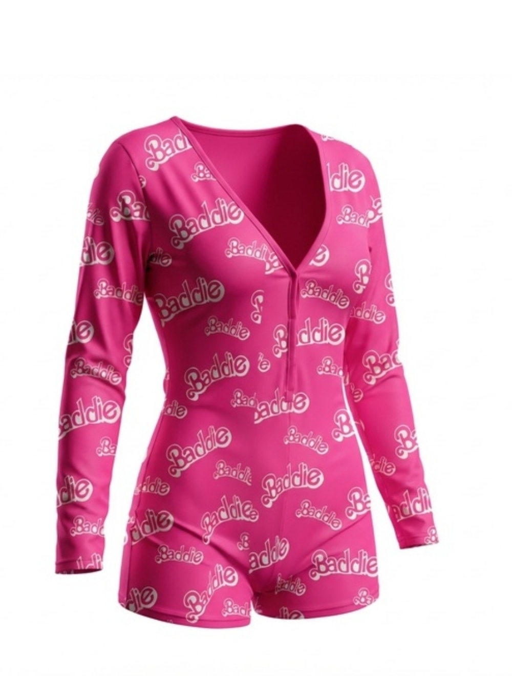 Pink V-Neck Long-Sleeve Romper Pajama